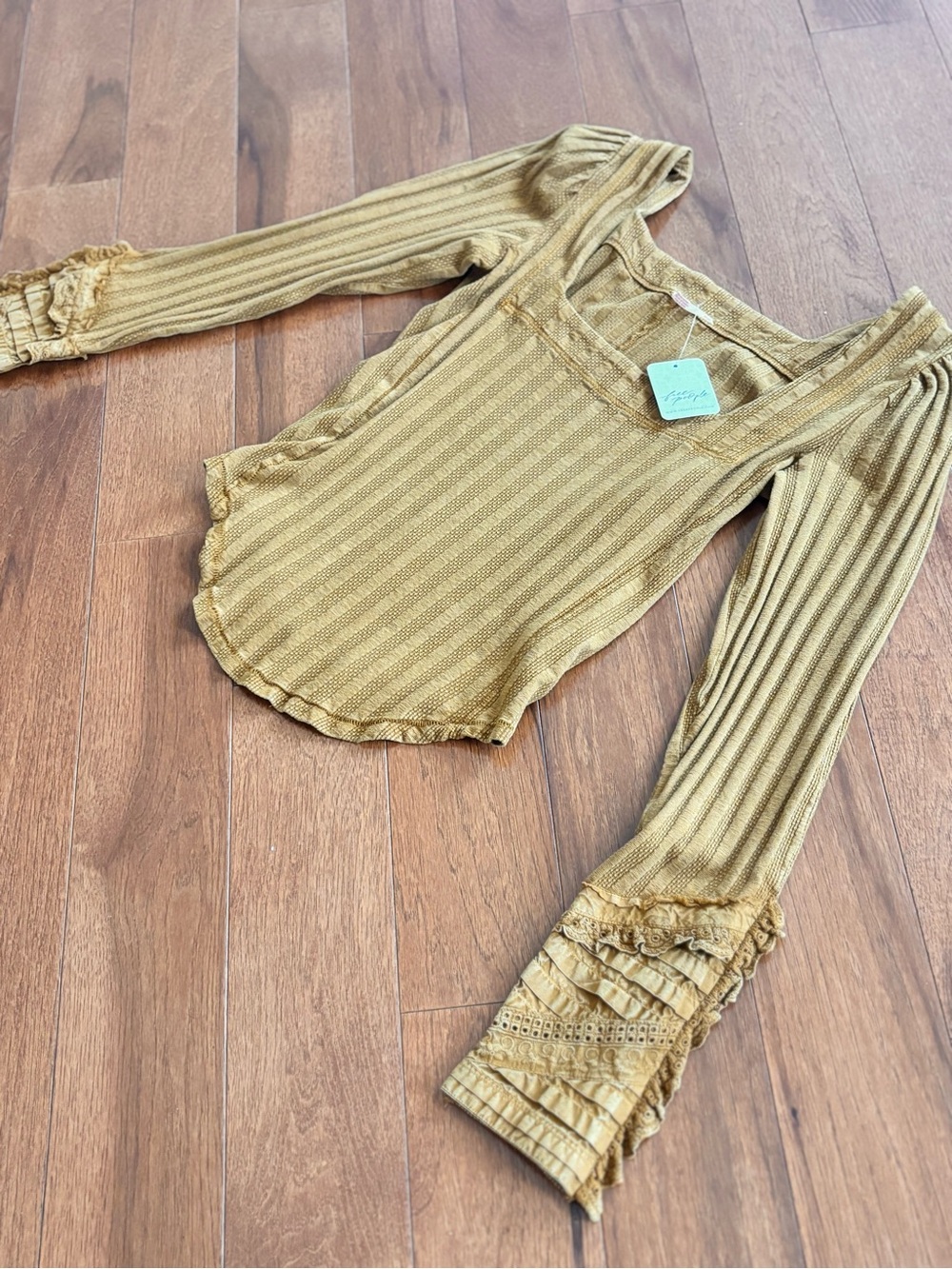 Free People Mustard Ribbed Square-Neck Long Sleeve Top